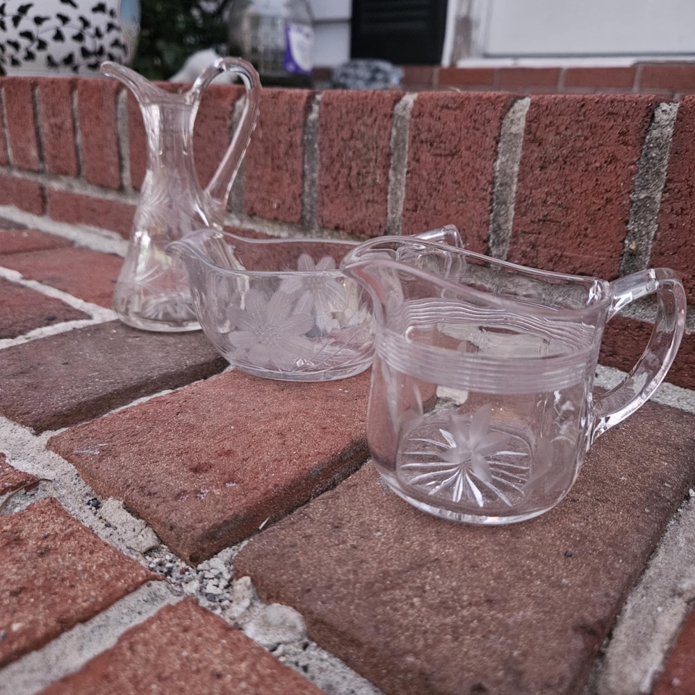 Set Of 3 Textured Glass Tea Set For One, Includes Creamer, Cup And Pitcher